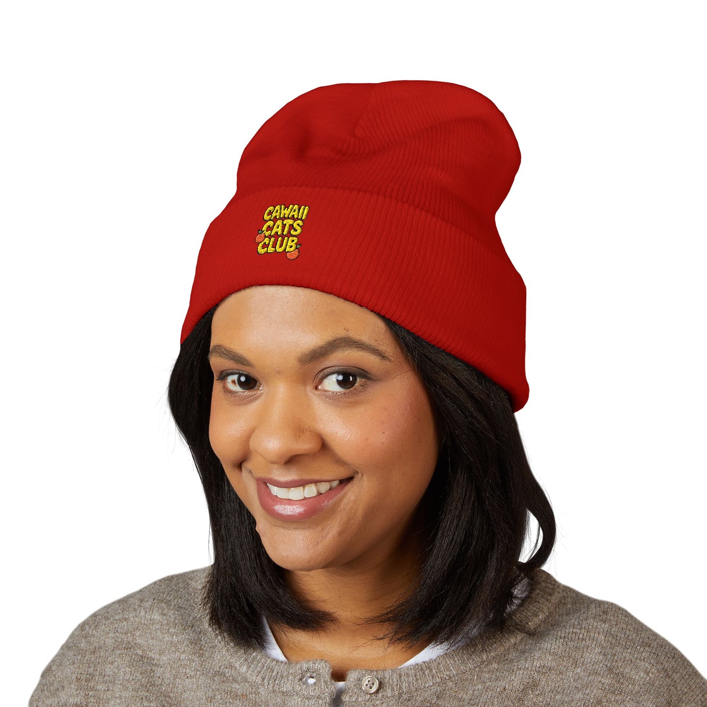 Cuffed Beanie - Cawaii Cats Club Embroidered Hat